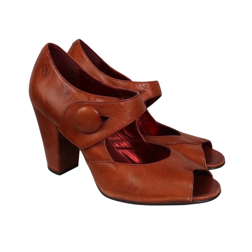 Vintage Bronx Rita Orange Leather Peep-Toe Button Mary-Jane Heels 40